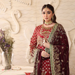 LEHR 01 floral maroon chiffon dupatta with embroidered organza border
