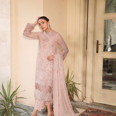 Model wearing BRISA 04 pink Pakistani embroidered chiffon suit by Noors