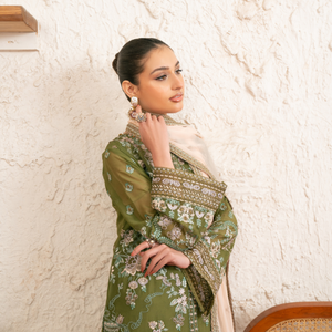 PALWASHA 10 green embroidered chiffon sleeves with floral and organza detailing