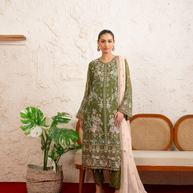 PALWASHA 10 green embroidered chiffon Pakistani suit with intricate floral detailing