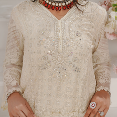 Noors GLAMOURA 06 ash white Pakistani chiffon suit detail