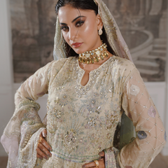 Noors GLAMOURA 01 fawn Pakistani chiffon suit detail