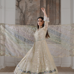 Noors GLAMOURA 01 fawn Pakistani chiffon suit detail