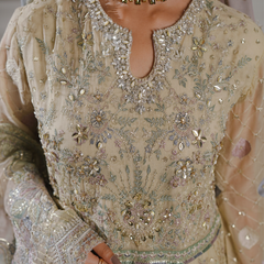 Noors GLAMOURA 01 fawn Pakistani chiffon suit detail