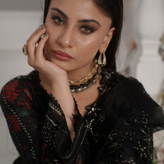 Noors GLAMOURA 08 black Pakistani chiffon suit detail