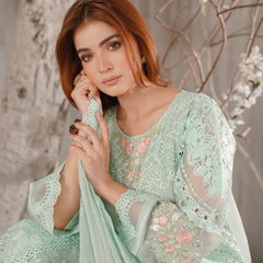 Model wearing AERGUL 03 ice green Pakistani embroidered chiffon suit by Noors