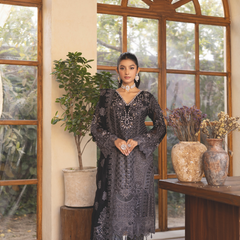 ESHAAL 03 black/grey embroidered chiffon Pakistani suit with intricate floral detailing
