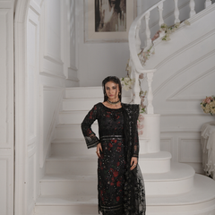 GLAMOURA 08 black embroidered chiffon Pakistani suit with intricate floral detailing