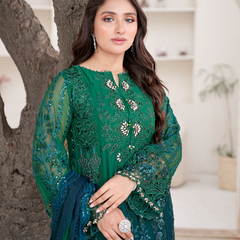 SAHOOR 04 bottle green embroidered chiffon sleeves with floral and organza detailing