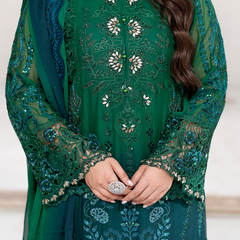 SAHOOR 04 bottle green chiffon dupatta with embroidered organza border