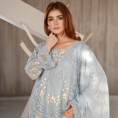 AERGUL 02 sky blue embroidered chiffon sleeves with floral and organza detailing