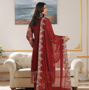 FLEUR 02 maroon embroidered chiffon sleeves with floral and organza detailing