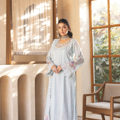 ESHAAL 02 sky blue chiffon Pakistani suit back with embroidered organza detailing