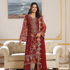 FLEUR 02 maroon chiffon Pakistani suit back with embroidered organza detailing
