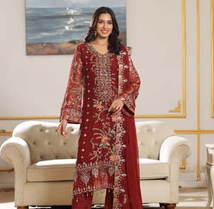 FLEUR 02 maroon chiffon Pakistani suit back with embroidered organza detailing