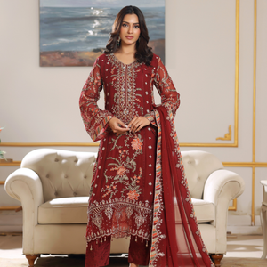 FLEUR 02 maroon embroidered chiffon Pakistani suit with intricate floral detailing