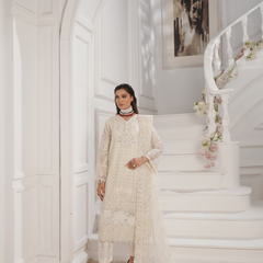 GLAMOURA 06 ash white chiffon Pakistani suit back with embroidered organza detailing