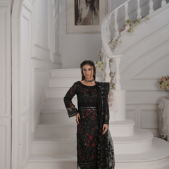 GLAMOURA 08 black chiffon Pakistani suit back with embroidered organza detailing