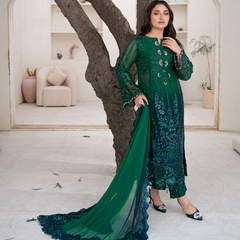 SAHOOR 04 bottle green embroidered chiffon Pakistani suit with intricate floral detailing