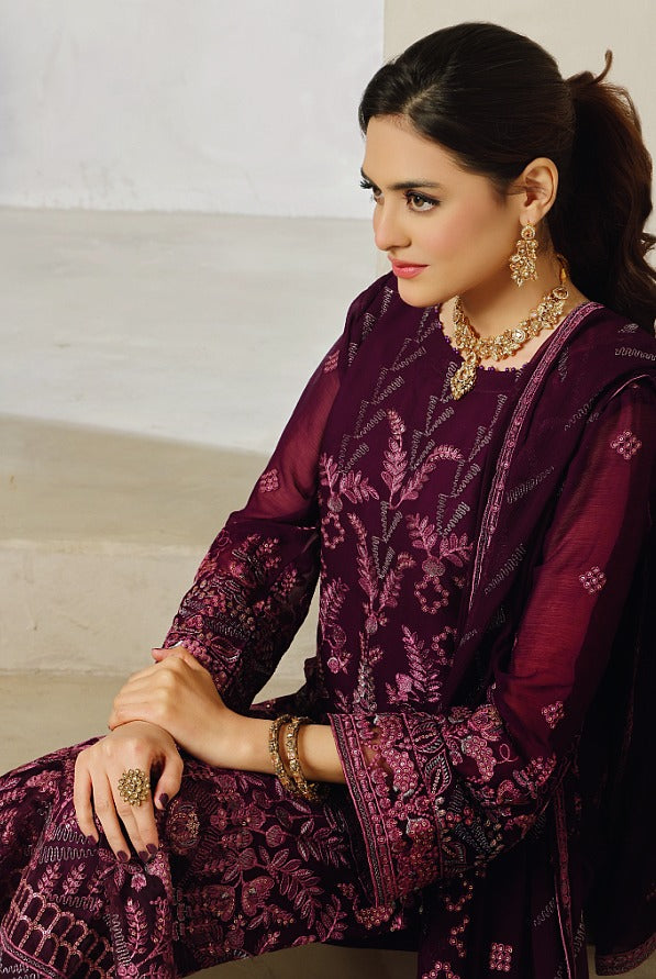 RUMAISA 08 floral majenda embroidered chiffon Pakistani suit with intricate floral detailing