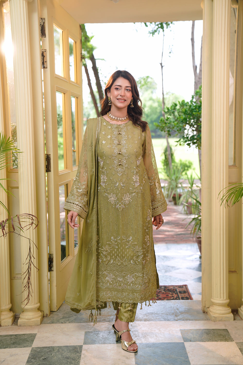 BRISA 03 l/mehnndi embroidered chiffon Pakistani suit with intricate floral detailing
