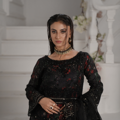 GLAMOURA 08 black embroidered chiffon sleeves with floral and organza detailing