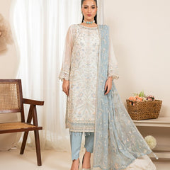 RUA 06 blue embroidered chiffon Pakistani suit with intricate floral detailing