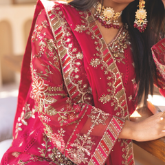 Model wearing ESHAAL 05 rani pink Pakistani embroidered chiffon suit by Noors