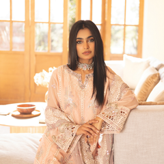 Model wearing ESHAAL 04 peach pink Pakistani embroidered chiffon suit by Noors