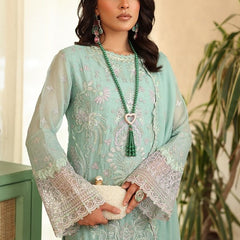 LEHR 05 floral aqua blue chiffon dupatta with embroidered organza border