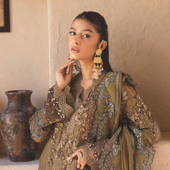 Model wearing ESHAAL 08 pickle green Pakistani embroidered chiffon suit by Noors