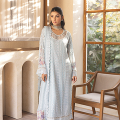 Model wearing ESHAAL 02 sky blue Pakistani embroidered chiffon suit by Noors