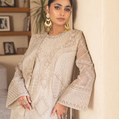 Model wearing ESHAAL 06 pearl cream Pakistani embroidered chiffon suit by Noors