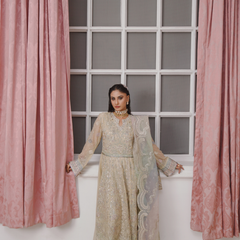 Model wearing GLAMOURA 01 fawn Pakistani embroidered chiffon suit by Noors