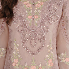 Model wearing AERGUL 01 tea pink Pakistani embroidered chiffon suit by Noors