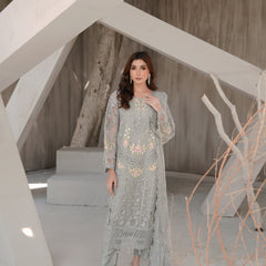 AERGUL 05 grey embroidered chiffon Pakistani suit with intricate floral detailing