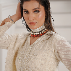 Noors GLAMOURA 06 ash white luxury Pakistani chiffon suit with embroidered details