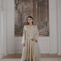 Noors GLAMOURA 01 fawn luxury Pakistani chiffon suit with embroidered details