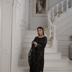 Noors GLAMOURA 08 black luxury Pakistani chiffon suit with embroidered details