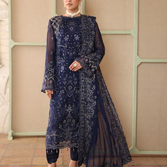 LEHR 07 floral royal blue chiffon dupatta with embroidered organza border
