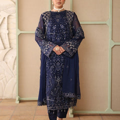 Model wearing LEHR 07 floral royal blue Pakistani embroidered chiffon suit by Noors