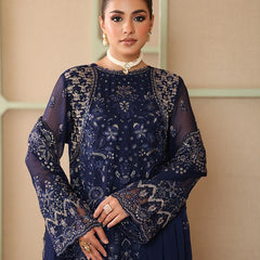 LEHR 07 floral royal blue chiffon Pakistani suit back with embroidered organza detailing