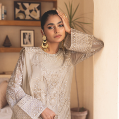 Noors ESHAAL 06 pearl cream Pakistani chiffon suit detail