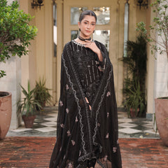 Model wearing BRISA 09 black Pakistani embroidered chiffon suit by Noors