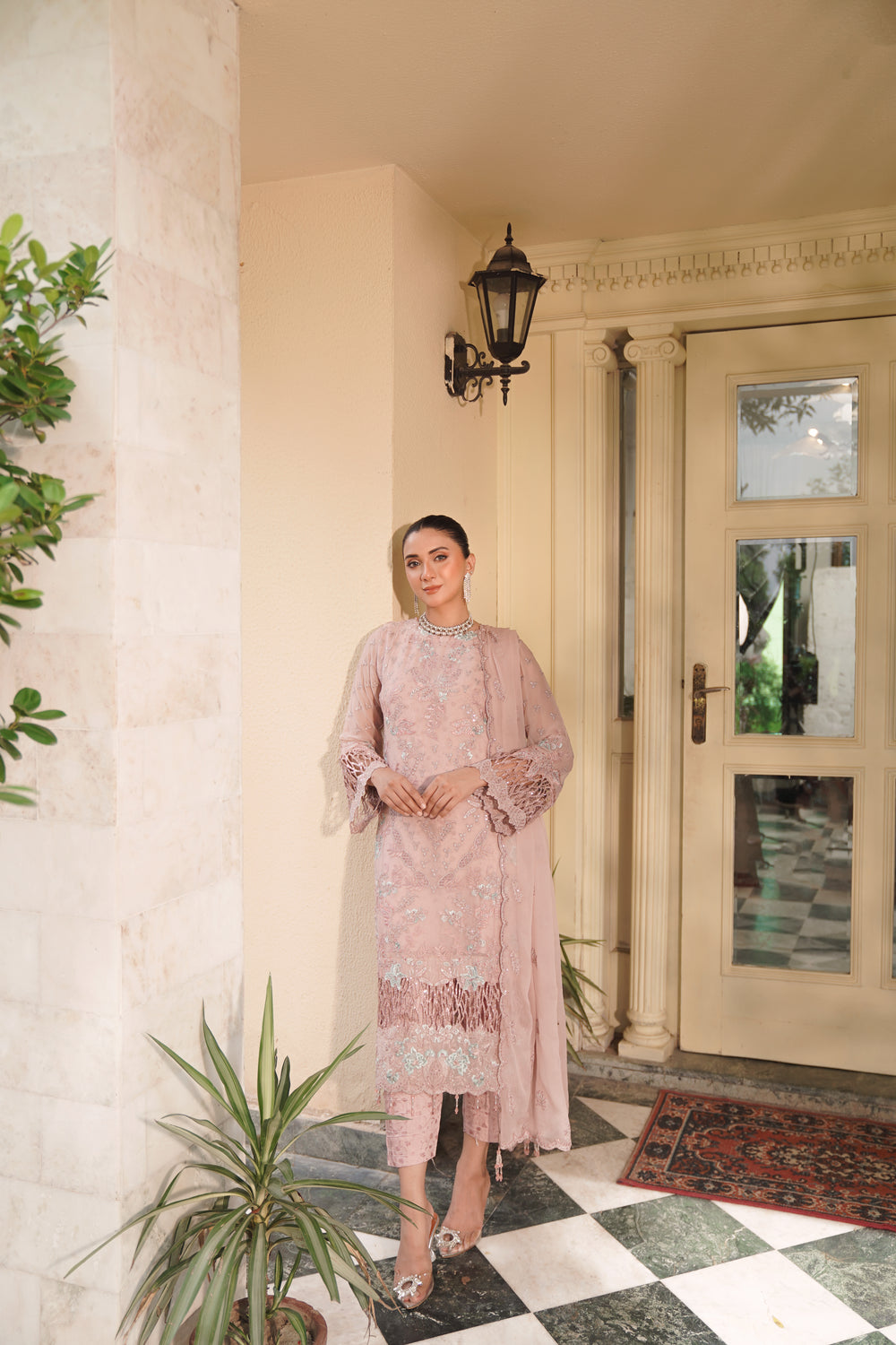 BRISA 04 pink embroidered chiffon Pakistani suit with intricate floral detailing