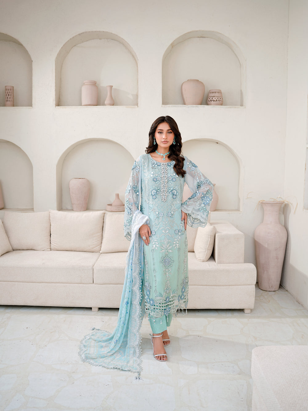 SAHOOR 01 floral l/ferozi embroidered chiffon Pakistani suit with intricate floral detailing