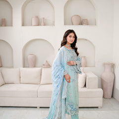 SAHOOR 01 floral l/ferozi chiffon Pakistani suit back with embroidered organza detailing