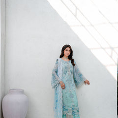 Model wearing SAHOOR 01 floral l/ferozi Pakistani embroidered chiffon suit by Noors
