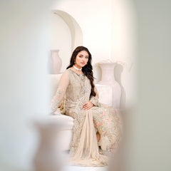 SAHOOR 05 floral fawn embroidered chiffon sleeves with floral and organza detailing