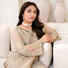 SAHOOR 05 floral fawn chiffon dupatta with embroidered organza border